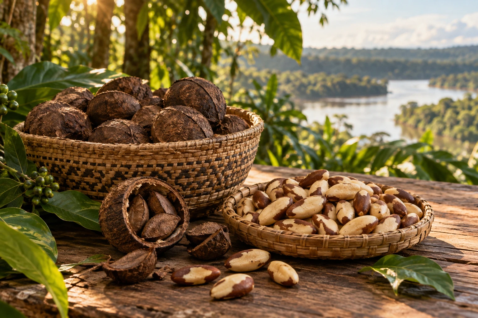 Castanhas-do-Pará em cestos na floresta amazônica