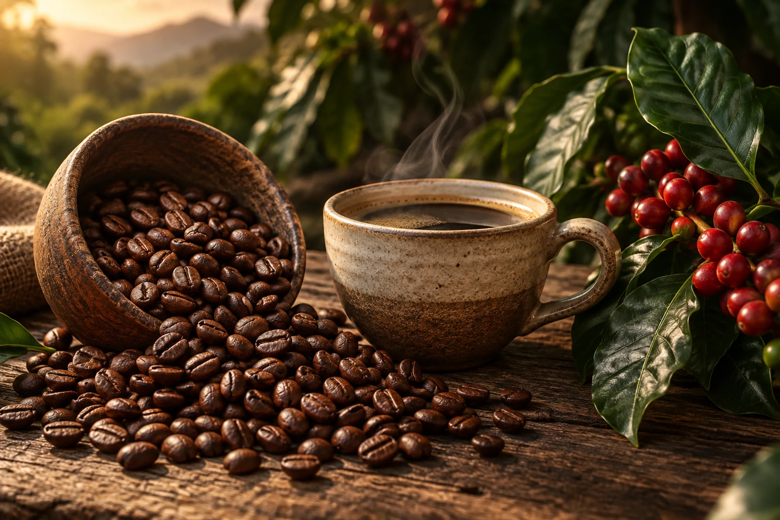 Grãos, cerejas e xícara de café especial
