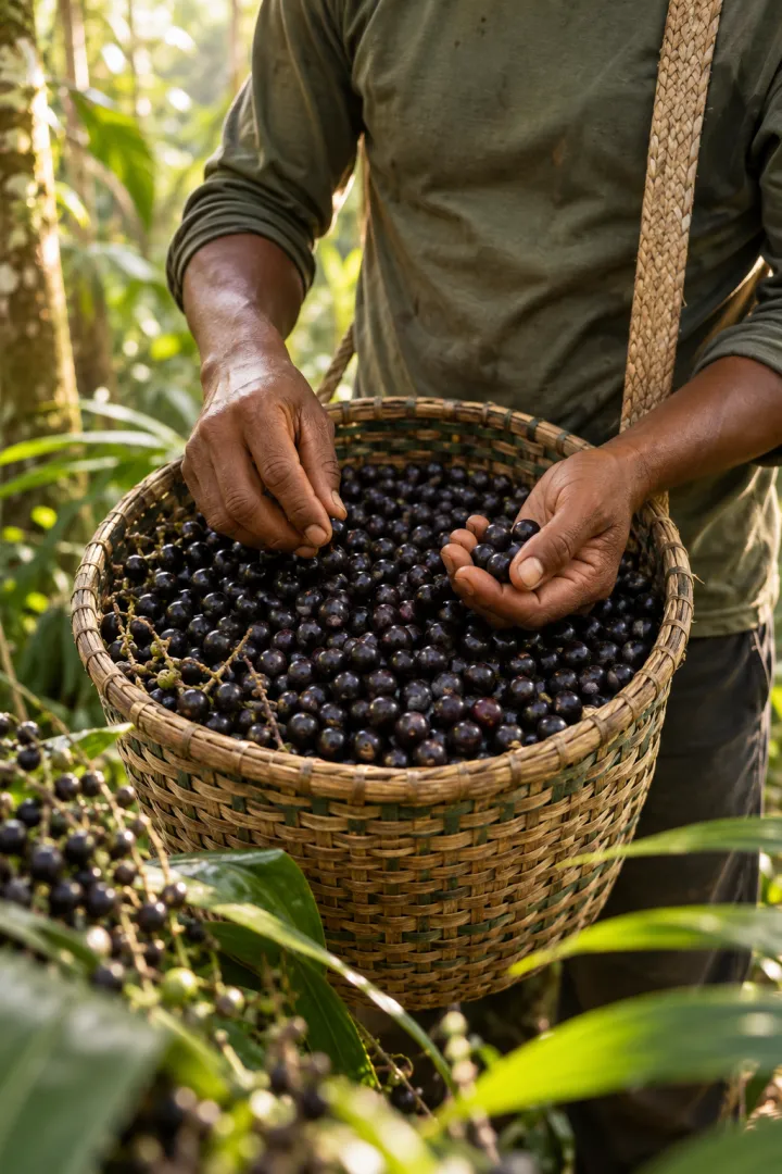 Produtor selecionando açaí na Amazônia
