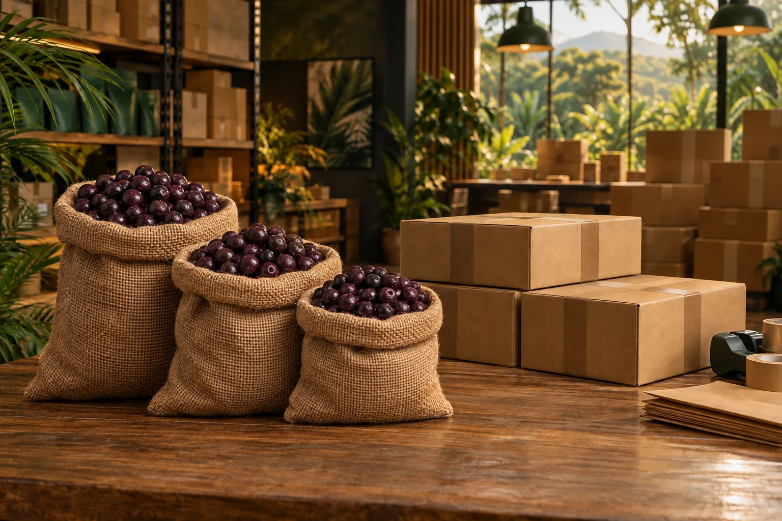 Sacos de juta com açaí fresco ao lado de caixas para operação comercial